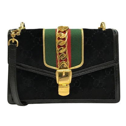 GUCCI グッチ シルヴィ ショルダーバッグ レディース ベロア GG柄 ゴールドチェーン 斜め掛け シェリー ブラック 524405 493075 中古 T1