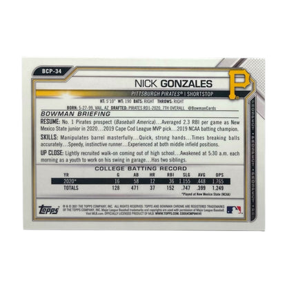 TOPPS MLBカード BOWMAN CHROME NICK GONZALES PITTSBURGH PIRATES /99 #BCP-34 中古 IT2