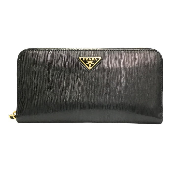 PRADA プラダ VITELLO MOVE TR ヴィッテロムーブ 長財布 メンズ ラウンドファスナー ジップ レザー 三角プレート ブラック 1ML506 中古 T1