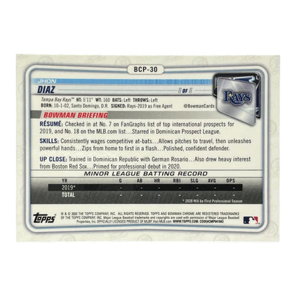 TOPPS MLBカード BOWMAN CHROME 1ST JHON DIAZ TAMPA BAY RAYS #BCP-30 中古 IT2