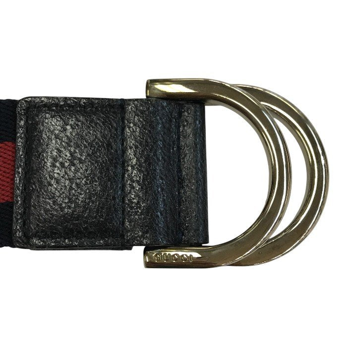 GUCCI グッチ ダブルリング ベルト ユニセックス キャンバス/レザー シェリーライン ストライプ ネイビー/レッド 113cm 146435 中古 T1