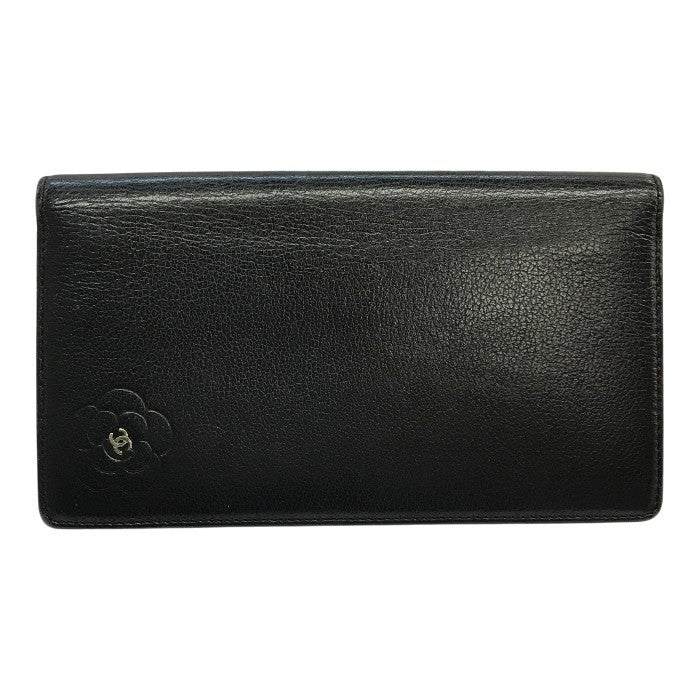 CHANEL シャネル 長財布 レディース 2つ折り レザー カメリア ココマーク シルバー金具 ブラック 中古 T1
