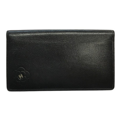 CHANEL シャネル 長財布 レディース 2つ折り レザー カメリア ココマーク シルバー金具 ブラック 中古 T1