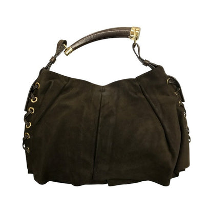 YVES SAINT LAURENT イブサンローラン リヴゴーシュ モンバサ ワンショルダー レディース スウェード プリーツ 角型ハンドル 半月 ブラウン 中古 T1