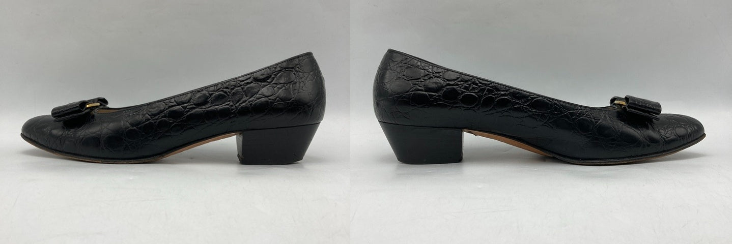 Salvatore Ferragamo サルヴァトーレフェラガモ ヴァラリボン 型押しレザー パンプス サイズ8(約25.5cm) 中古 D4