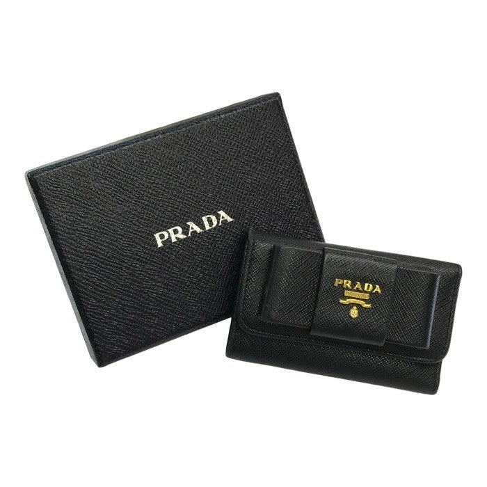 PRADA プラダ 6連キーケース レディース サフィアーノ レザー リボン ゴールド金具 ブラック 中古 T1