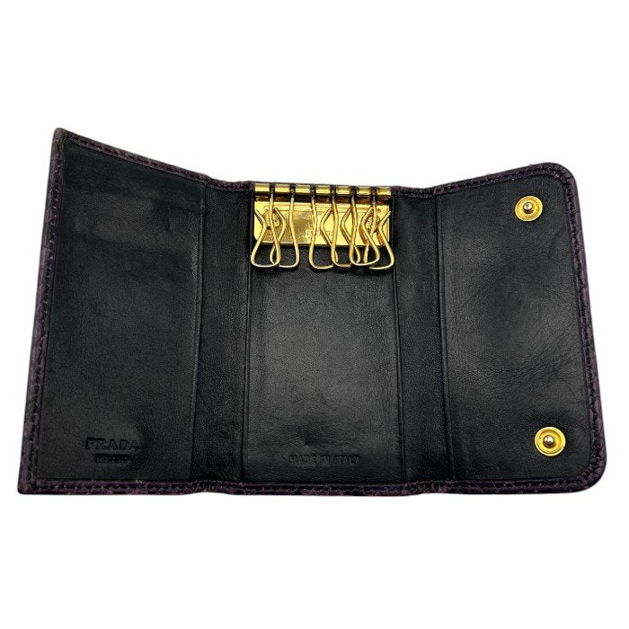 PRADA プラダ パイソン調 6連 キーケース ブランド レディース レザー パープル ブラック 中古 W４