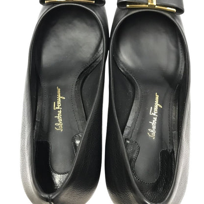 Salvatore Ferragamo フェラガモ CAPUA55 パンプス レディース レザー 変形 太ヒール ブラック 5Dサイズ 中古 T1