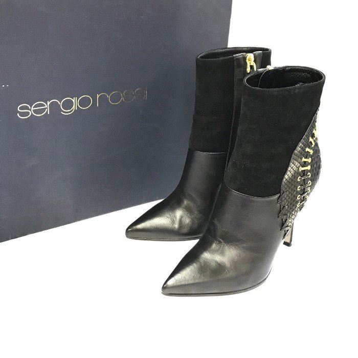 Sergio Rossi セルジオロッシ ショートブーツ レディース レザー スムース/スウェード/パイソン ハイヒール ブラック 中古 T1