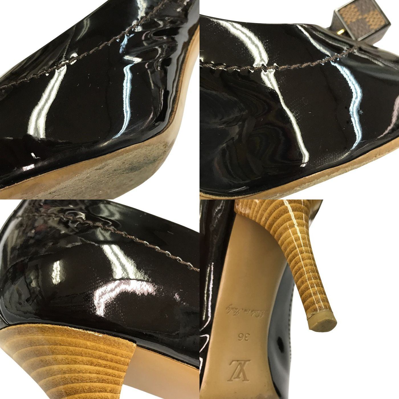 LOUIS VUITTON ルイヴィトン ダミエ オープントゥパンプス レディース パテントレザー エナメル キューブ ハイヒール ブラック/ブラウン 36サイズ 中古 T1