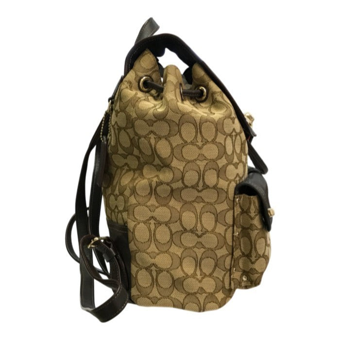COACH コーチ シグネチャー リュック レディース バックパック デイパック 巾着 ターンロック ベージュ/ブラウン 中古 T1