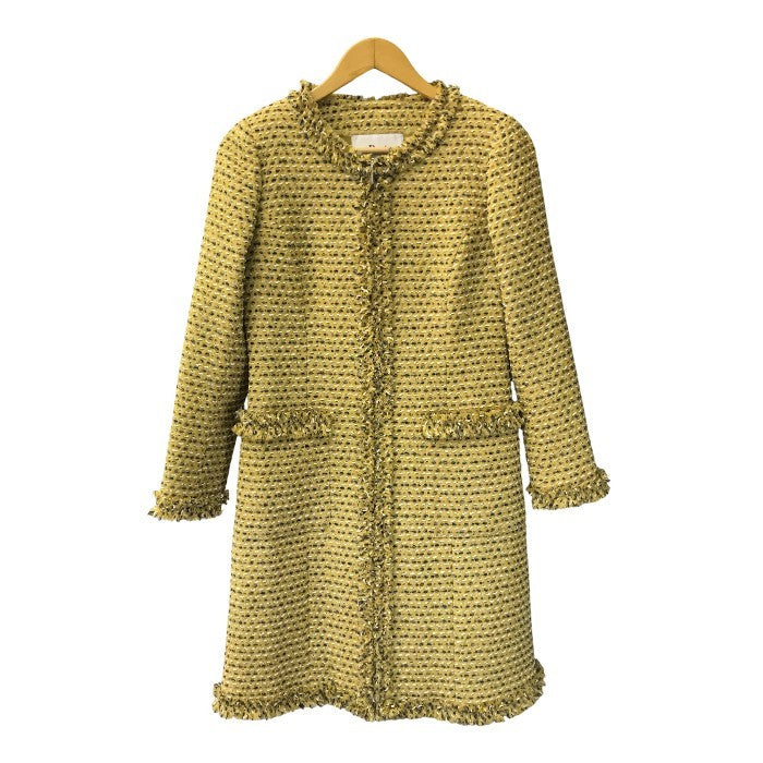 Rene ルネ TISSUE ロングコート レディース 冬 ツイード ノーカラー ダブルジッパー イエロー系 34サイズ 6943240 中古 T1