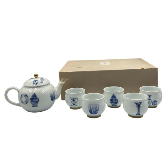 深川製磁 ブルーチャイナ 急須茶器揃 5客 和食器 セット 急須 湯呑 中古 W1