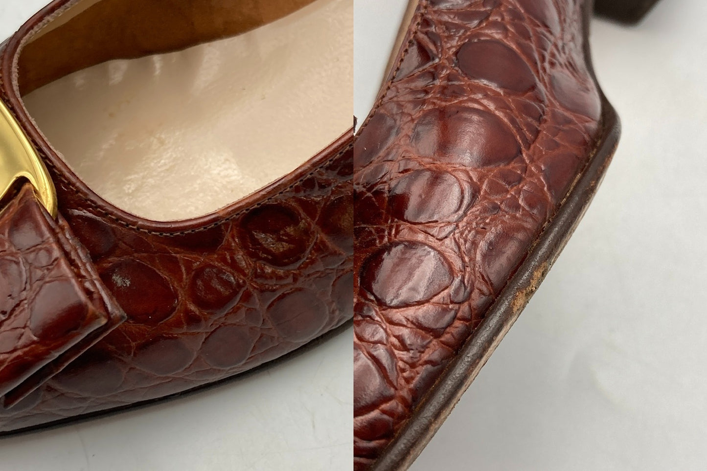 Salvatore Ferragamo サルヴァトーレフェラガモ ヴァラリボン 型押しレザー パンプス ブラウン サイズ8(約25.5cm) 中古 D4