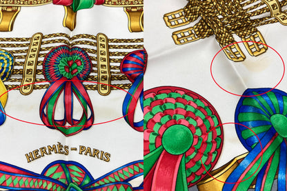 HERMES エルメス カレ90 LES RUBANS DU CHEVAL 馬のリボン スカーフ グレー 中古 D4