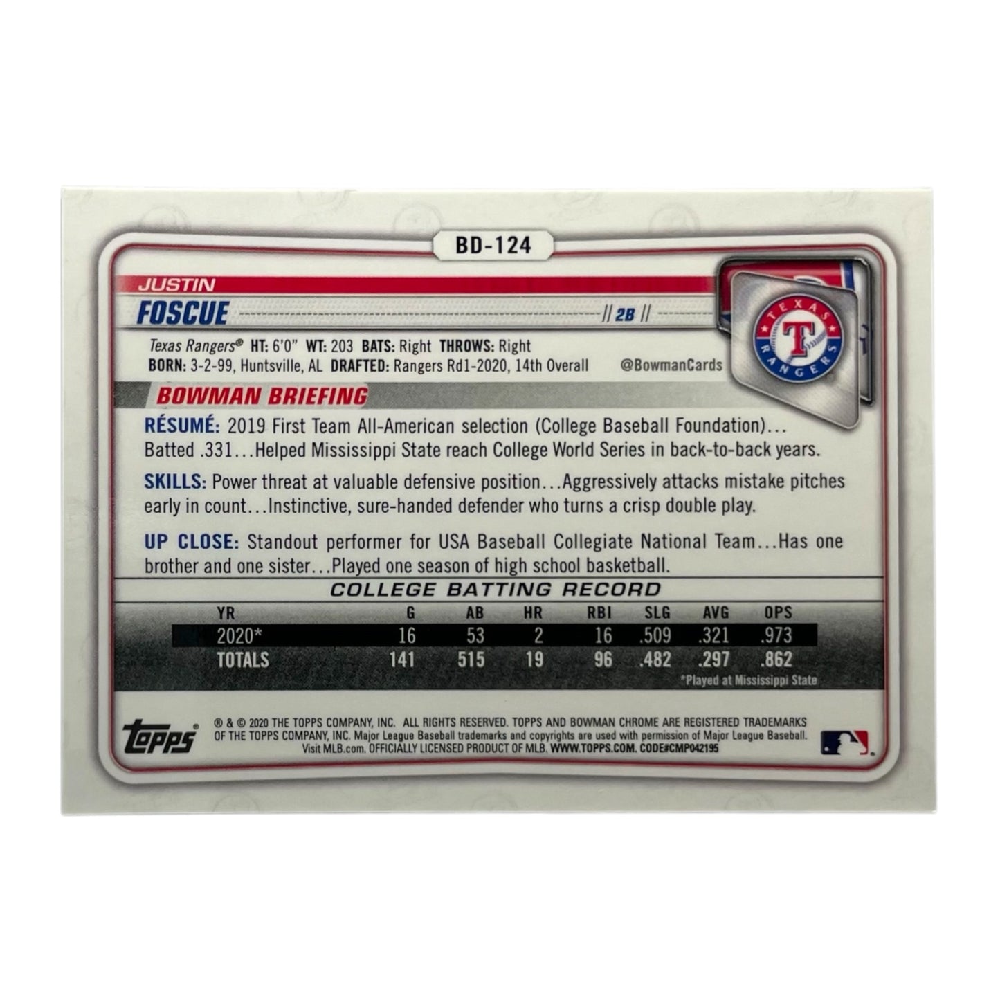 TOPPS MLBカード BOWMAN CHROME 1ST JUSTIN FOSCUE TEXAS RANGERS /99 #BD-124 中古 IT2