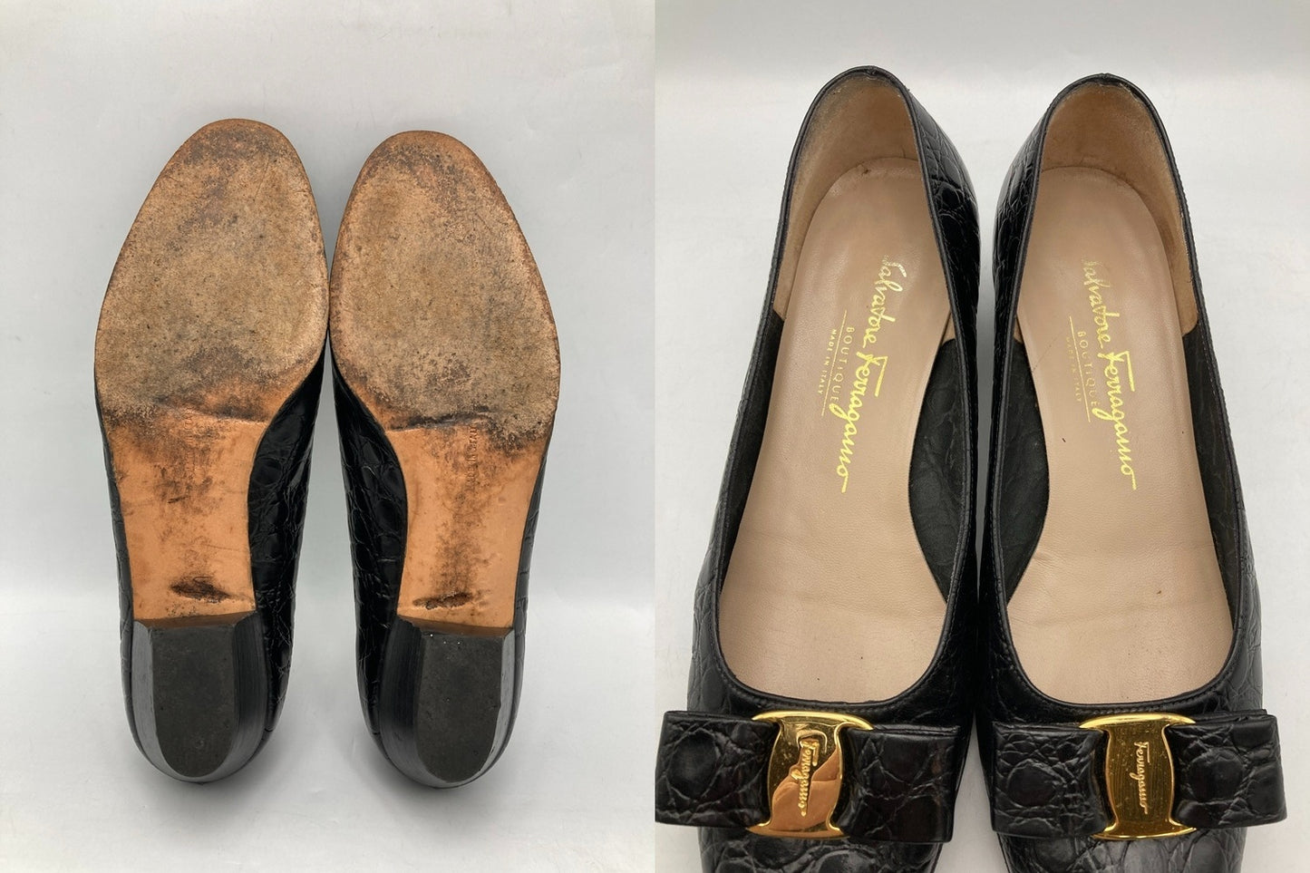 Salvatore Ferragamo サルヴァトーレフェラガモ ヴァラリボン 型押しレザー パンプス サイズ8(約25.5cm) 中古 D4