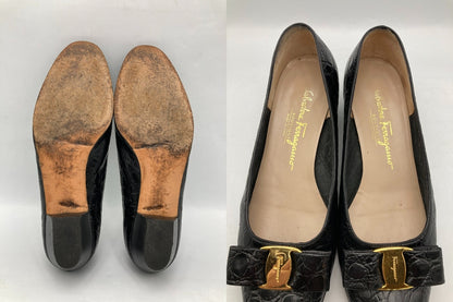 Salvatore Ferragamo サルヴァトーレフェラガモ ヴァラリボン 型押しレザー パンプス サイズ8(約25.5cm) 中古 D4