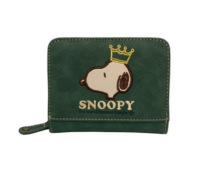 SNOOPY スヌーピー 2つ折り財布 コンパクト ラウンドファスナー 刺繍 グリーン 中古 D4