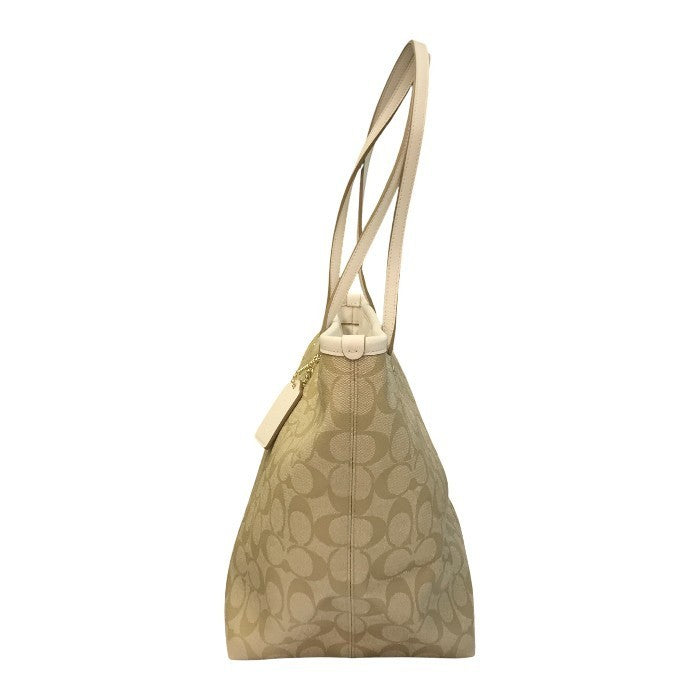 COACH コーチ トートバッグ レディース PVCシグネチャー ジップ ショルダー 通勤 ライトカーキ/ホワイト F34104 中古 T1