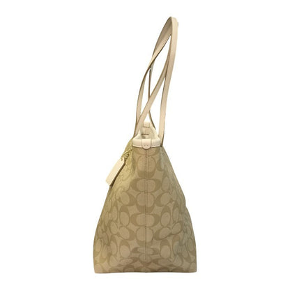 COACH コーチ トートバッグ レディース PVCシグネチャー ジップ ショルダー 通勤 ライトカーキ/ホワイト F34104 中古 T1