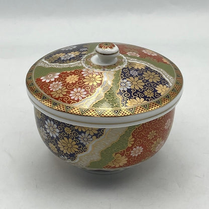 前畑陶器 庫山窯 金彩七宝紋 蓋付 煎茶揃 五客 MAEBATA 湯呑 湯飲み ふた付き 中古 R4