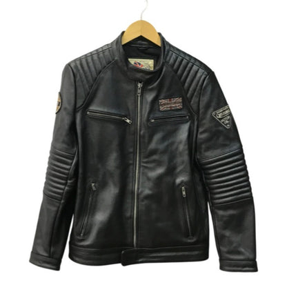 CNPLOPANSS ライダースジャケット メンズ レザー シングルブレスト ワッペン ブラック Lサイズ 中古 T1