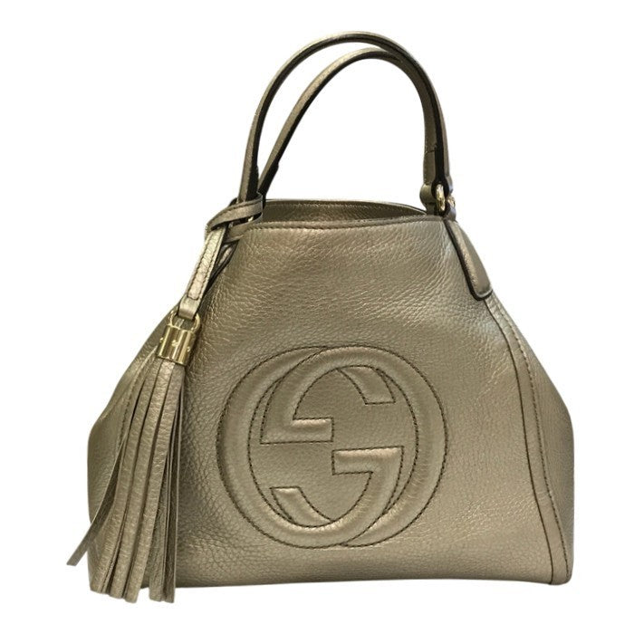 GUCCI グッチ インターロッキングG ソーホー ハンドバッグ レディース レザー フリンジ タッセルチャーム メタリックグレージュ 336751 中古 T1