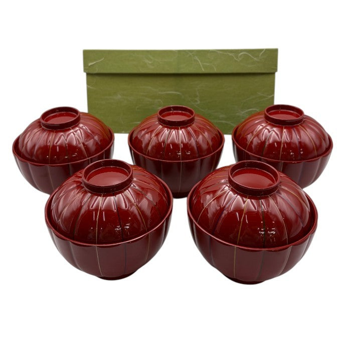 未使用品 表完堂 菊割吸物椀 朱 5客 和食器 汁椀 蓋付 セット 中古 W４