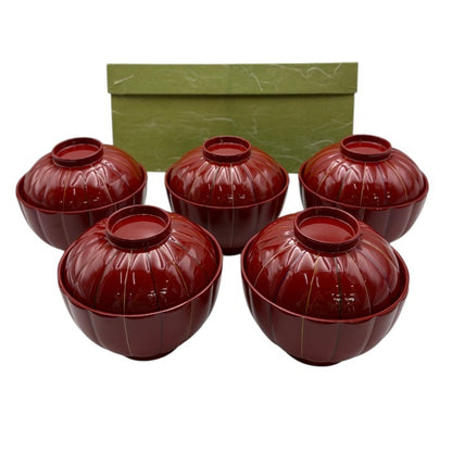 未使用品 表完堂 菊割吸物椀 朱 5客 和食器 汁椀 蓋付 セット 中古 W４