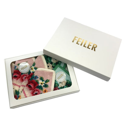 FEILER フェイラー ハンカチ2枚セット マドモワゼルローズ/マイフェイバリットグリーン シュニール織 タオル 綿100% ペールピンク/ペールグリーン 中古 T1