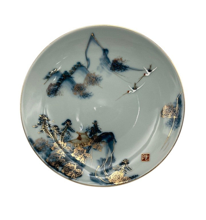 アンティーク 明治時代 肥前 有田焼 山水 鶴 中皿/飾皿 中古 D4