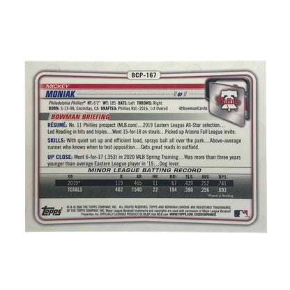 TOPPS MLBカード BOWMAN CHROME MICKEY MONIAK PHILLIES 23/99 #BCP-167 中古 IT2