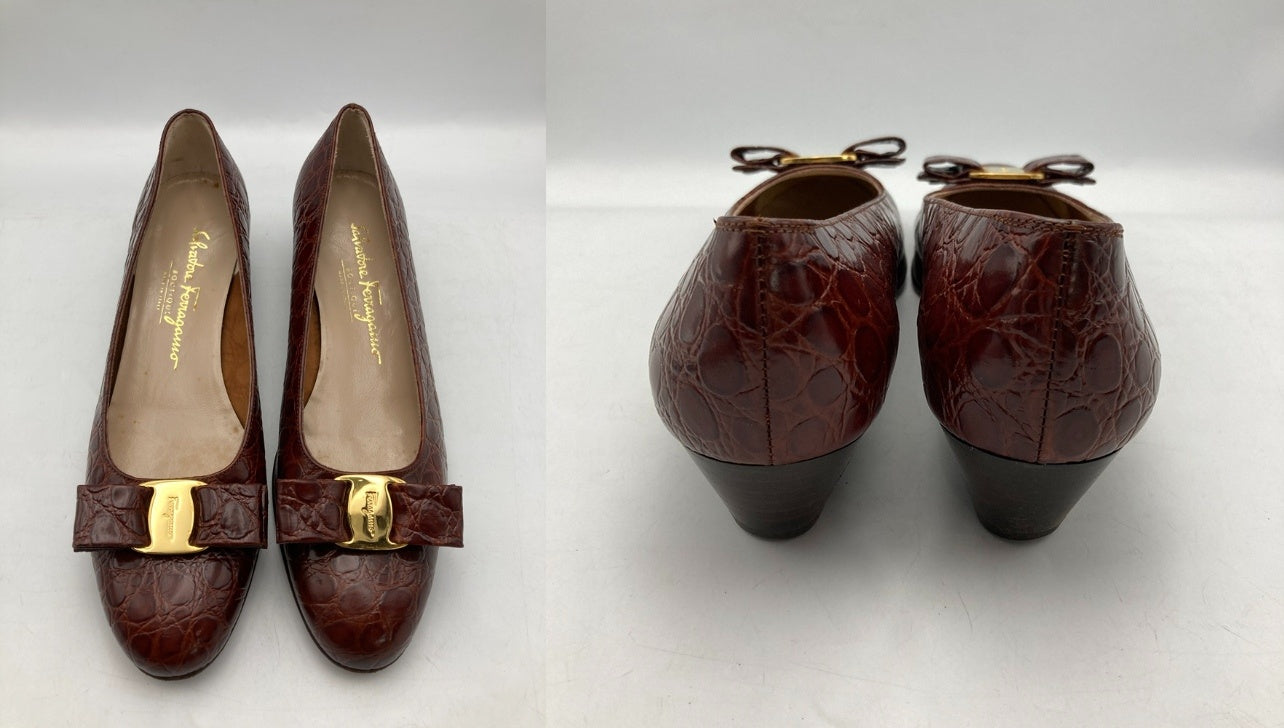 Salvatore Ferragamo サルヴァトーレフェラガモ ヴァラリボン 型押しレザー パンプス ブラウン サイズ8(約25.5cm) 中古 D4