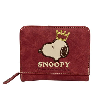 SNOOPY スヌーピー 2つ折り財布 コンパクト ラウンドファスナー 刺繍 レッド 中古 D4