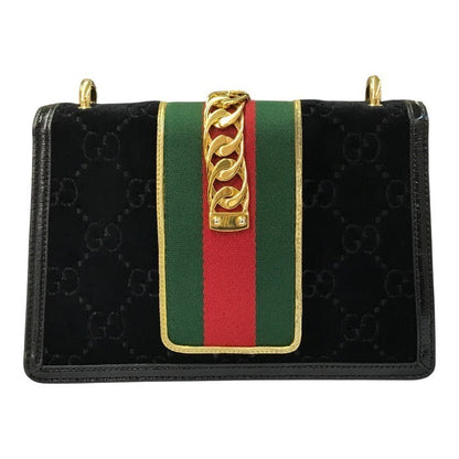 GUCCI グッチ シルヴィ ショルダーバッグ レディース ベロア GG柄 ゴールドチェーン 斜め掛け シェリー ブラック 524405 493075 中古 T1