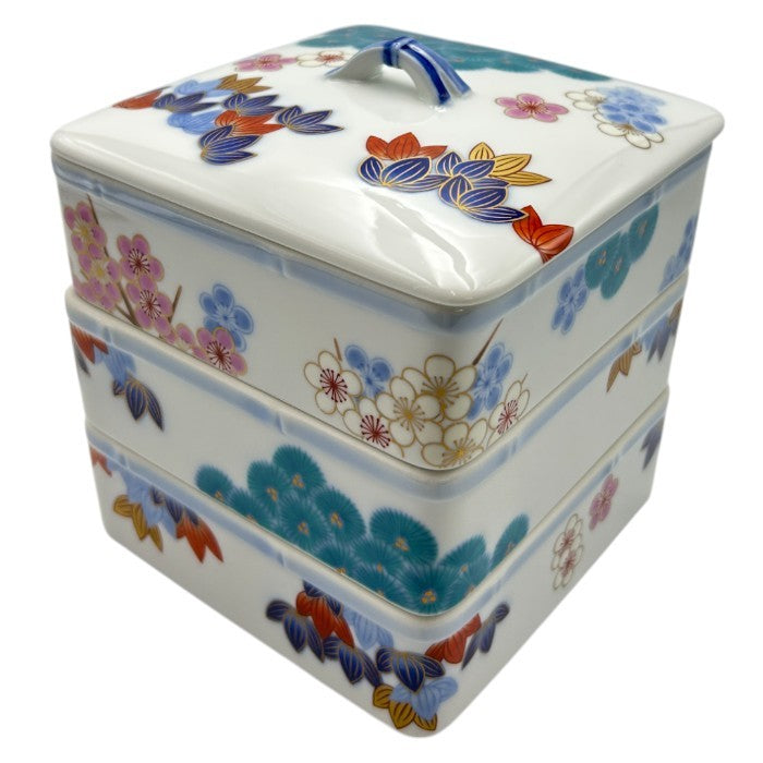 香蘭社 染錦松竹梅 三段重 和食器 重箱 ブランド 弁当 おせち 中古 W４