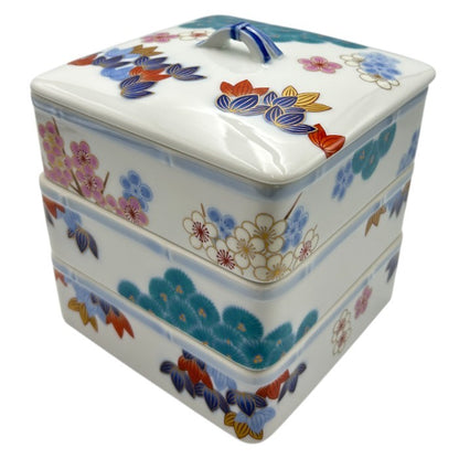 香蘭社 染錦松竹梅 三段重 和食器 重箱 ブランド 弁当 おせち 中古 W４