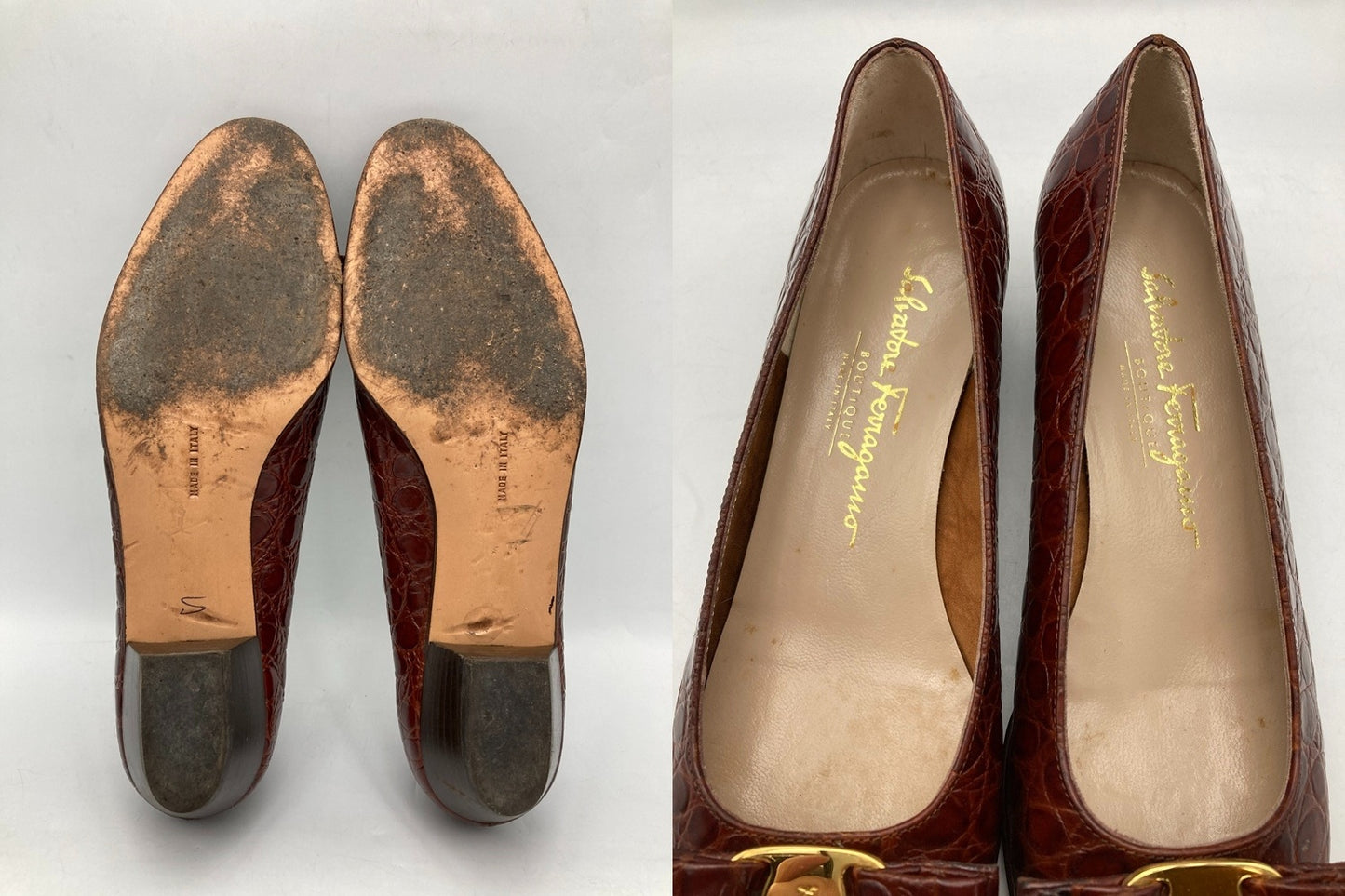 Salvatore Ferragamo サルヴァトーレフェラガモ ヴァラリボン 型押しレザー パンプス ブラウン サイズ8(約25.5cm) 中古 D4