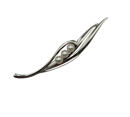 SILVER 6.0mmパール 3連 ブローチ リーフ 中古 D4