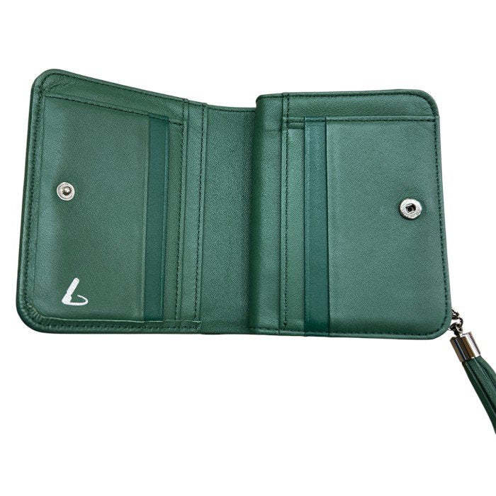 土屋鞄 TSUCHIYA KABAN フリンジ スモールウォレット スムースラムスキン グリーン 二つ折り財布 コンパクト レディース 羊革 財布 中古 W４