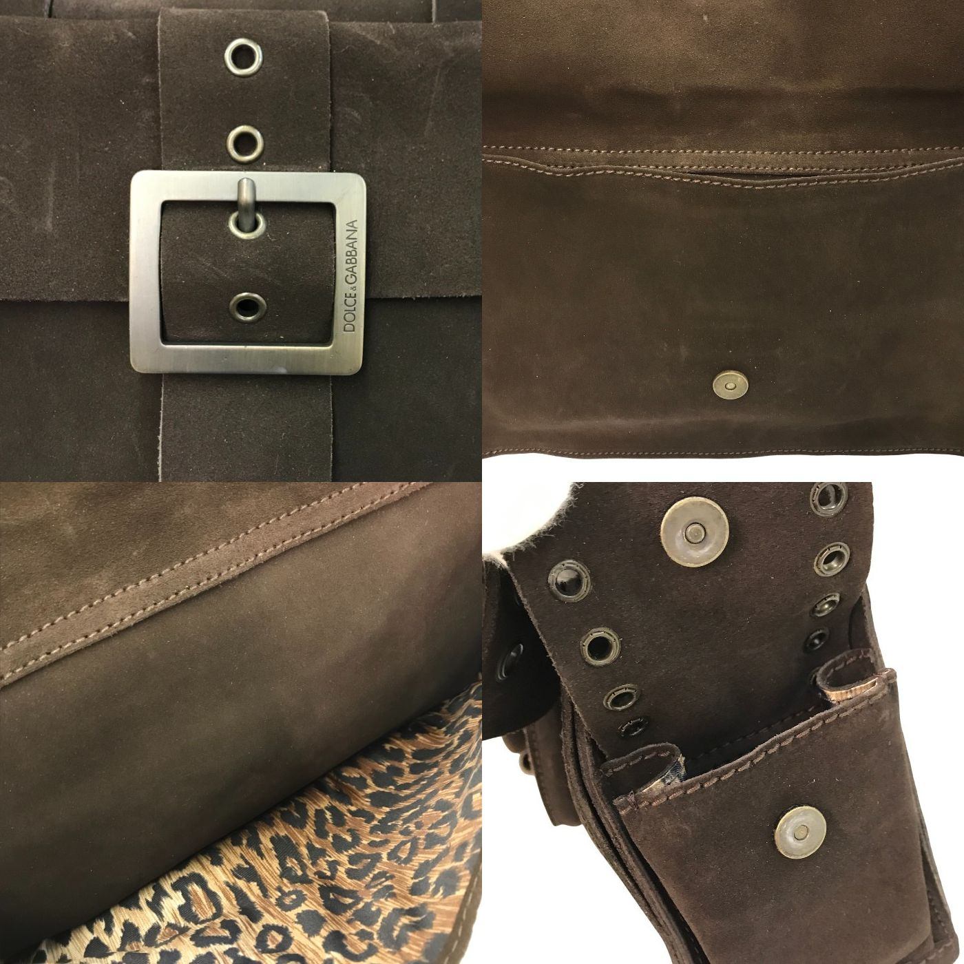 DOLCE&GABBANA ドルチェ&ガッバーナ トートバッグ レディース スウェードレザー ハトメ フリンジ ベルト 内レオパード ブラウン 中古 T1