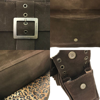 DOLCE&GABBANA ドルチェ&ガッバーナ トートバッグ レディース スウェードレザー ハトメ フリンジ ベルト 内レオパード ブラウン 中古 T1