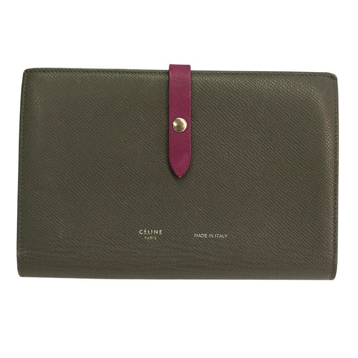 CELINE セリーヌ ラージストラップ マルチファンクション 長財布 レディース 二つ折り レザー バイカラー スナップ調節可 グレー/ピンク 中古 T1