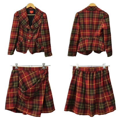 Vivienne Westwood RED LABEL ヴィヴィアンウエストウッド レッドレーベル ジャケット/ミニスカート 上下2点セット レディース ウール セットアップ チェック ラブ 変形 レッド 3サイズ 中古 T1