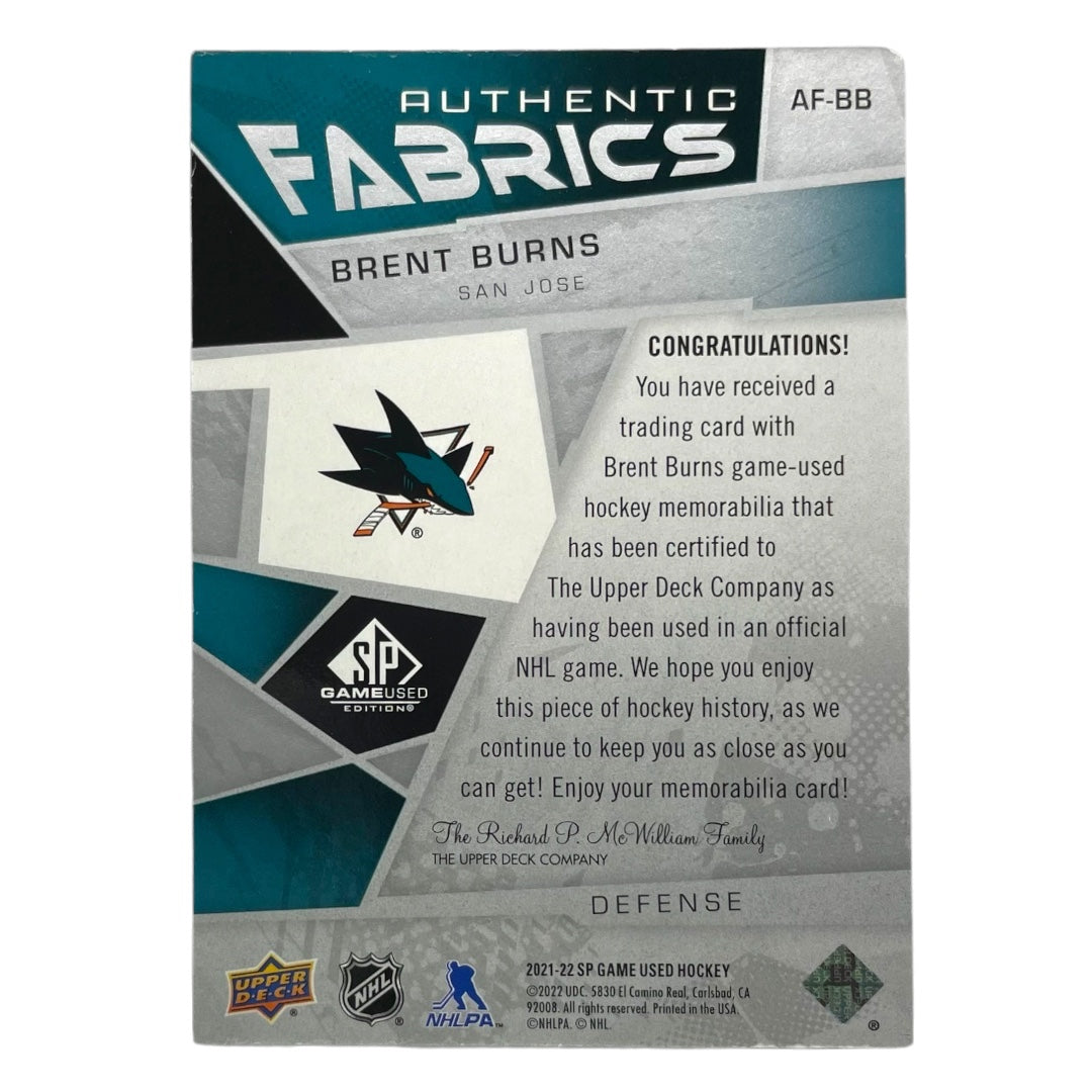 UPPER DECK NHLカード SP GAME USED BRENT BURNS SAN JOSE SHARKS #AF-BB 中古 IT2