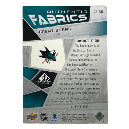 UPPER DECK NHLカード SP GAME USED BRENT BURNS SAN JOSE SHARKS #AF-BB 中古 IT2