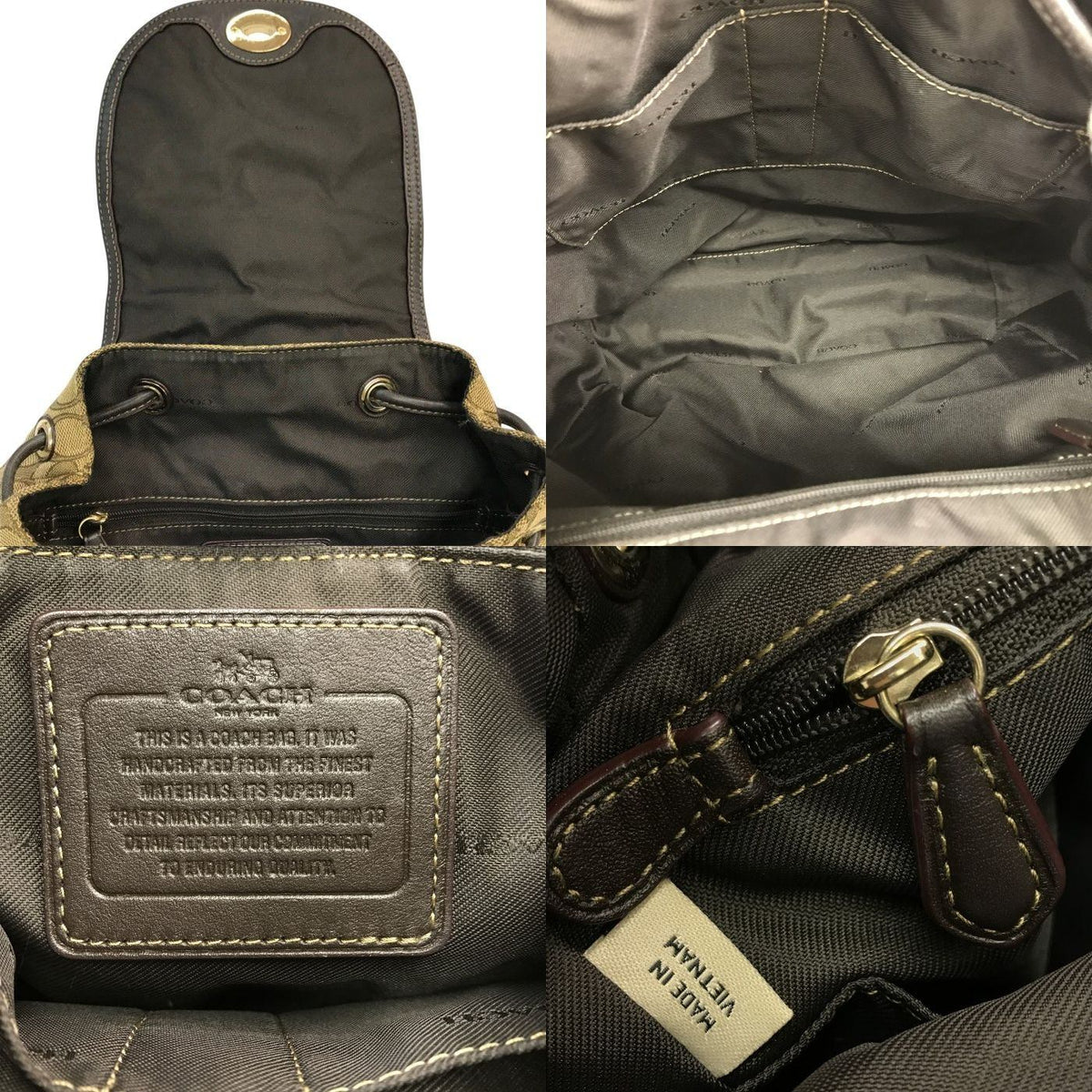COACH コーチ シグネチャー リュック レディース バックパック デイパック 巾着 ターンロック ベージュ/ブラウン 中古 T1