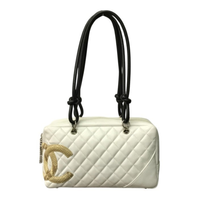 CHANEL シャネル ボーリングバッグ ホワイト カンボンライン レザー/パイソン ショルダーバッグ キルティング ホワイト/ブラック/ベージュ 中古 T1