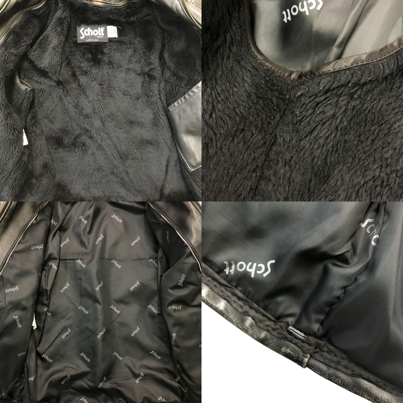 Schott ショット シングルライダースジャケット メンズ カウレザー ボアライナー付き 革ジャン USA製 ブラック 38サイズ AT101 中古 T1